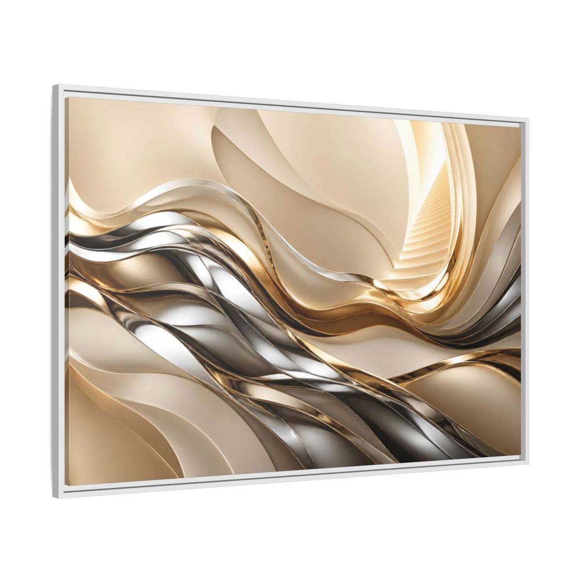 Side Mockup 7. Abstract Metallic Waves Stairway shown as framed canvas print