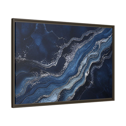 Main Mockup. Abstract Navy Agate Veins shown as framed canvas print