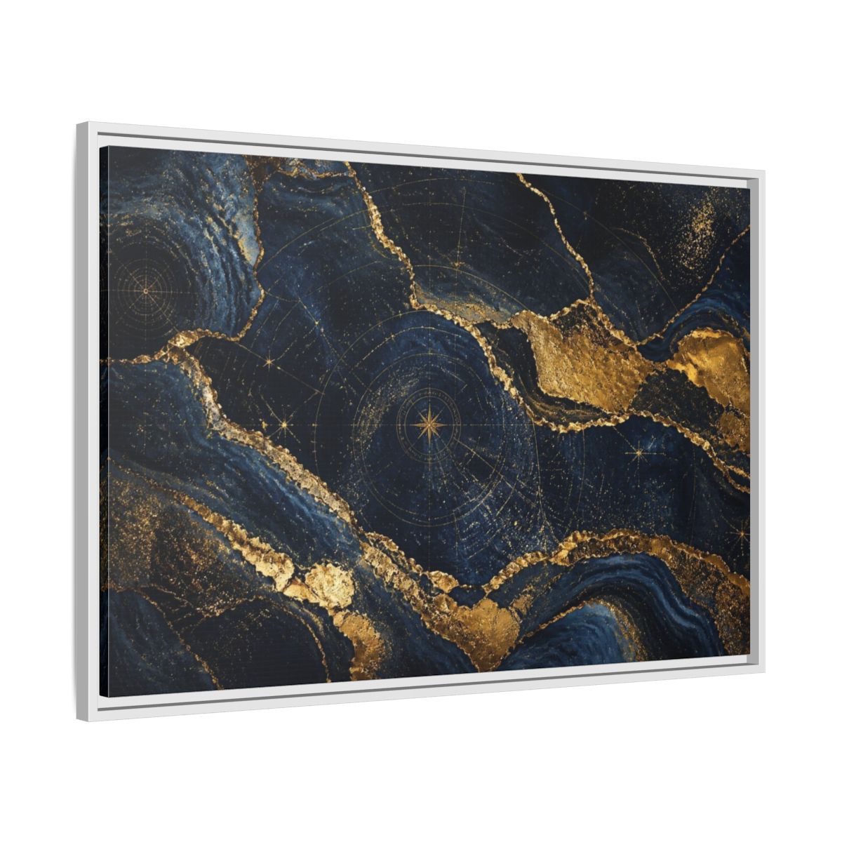 Side Mockup 9. Abstract Navy Mineral Map shown as framed canvas print