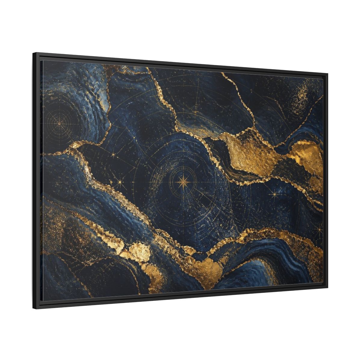 Side Mockup 12. Abstract Navy Mineral Map shown as framed canvas print