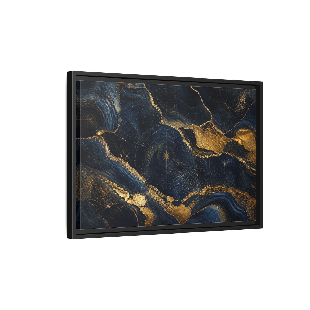 Side Mockup 3. Abstract Navy Mineral Map shown as framed canvas print