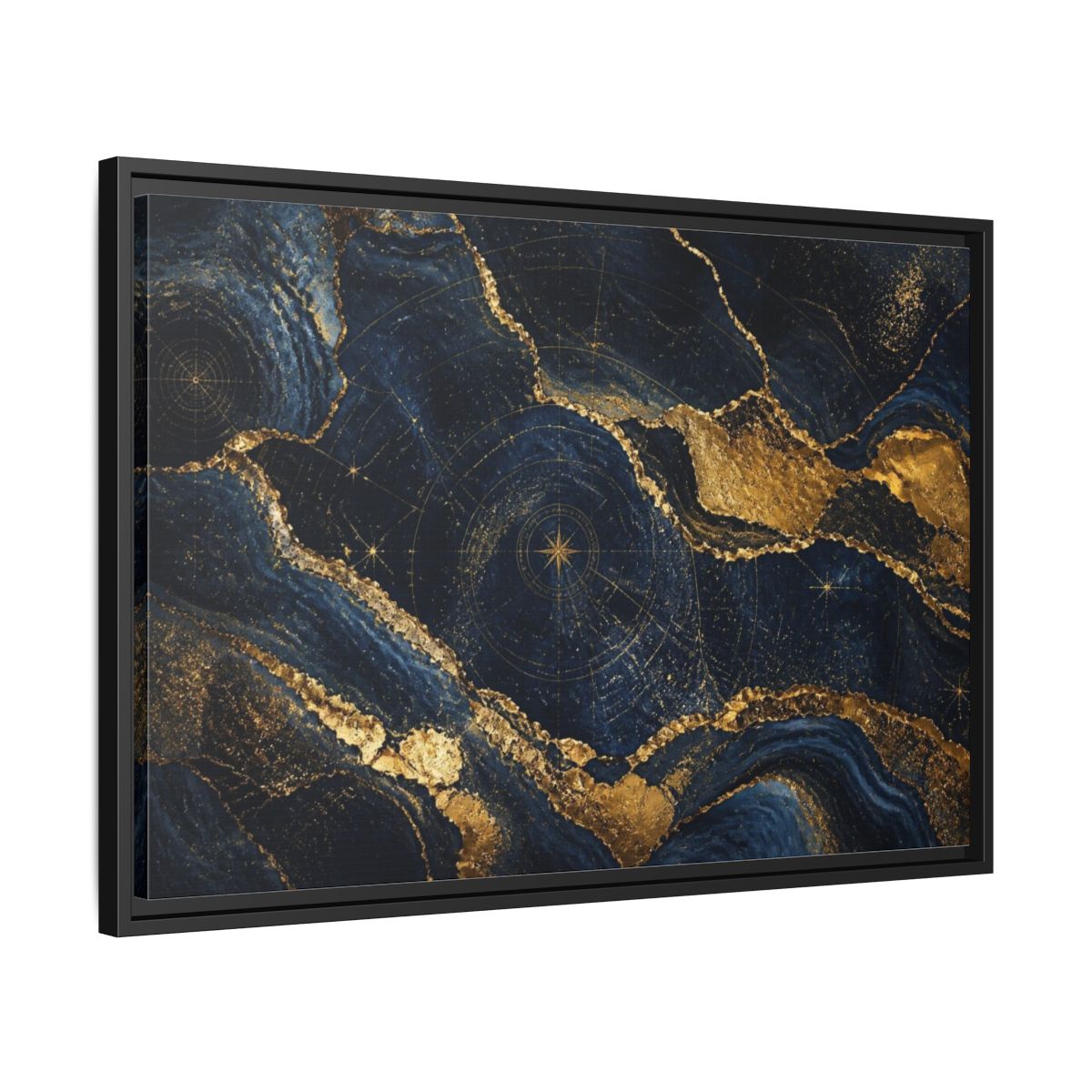Side Mockup 14. Abstract Navy Mineral Map shown as framed canvas print