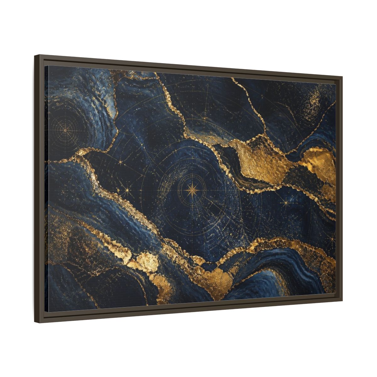 Main Mockup. Abstract Navy Mineral Map shown as framed canvas print