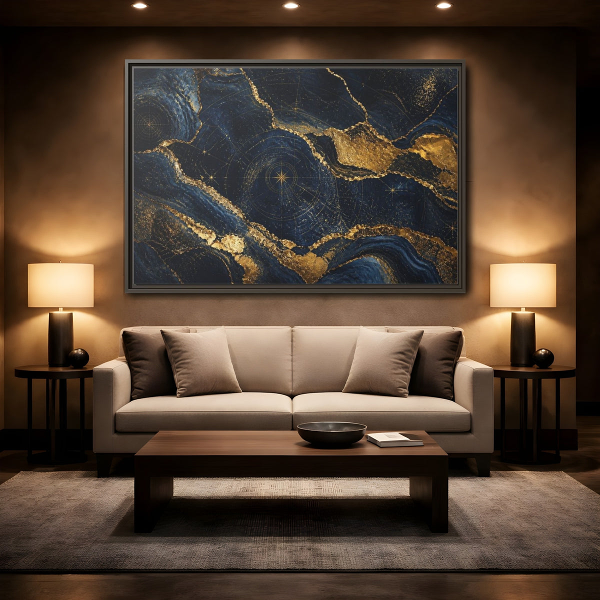 Mockup 2. Abstract Navy Mineral Map shown as framed canvas print