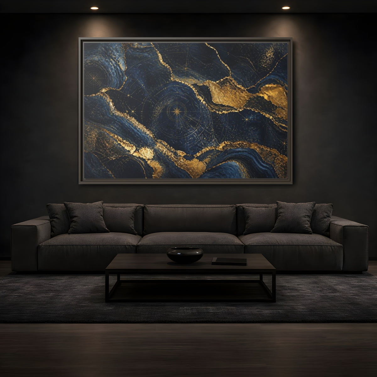 Mockup 3. Abstract Navy Mineral Map shown as framed canvas print