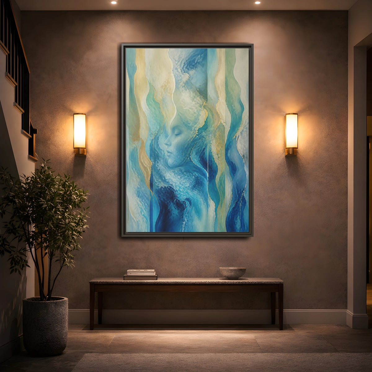 Mockup 2. Abstract Ocean Face shown as framed canvas print