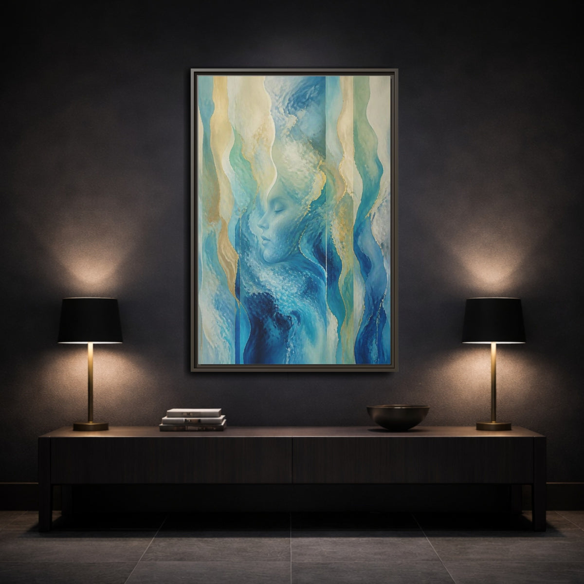 Mockup 3. Abstract Ocean Face shown as framed canvas print