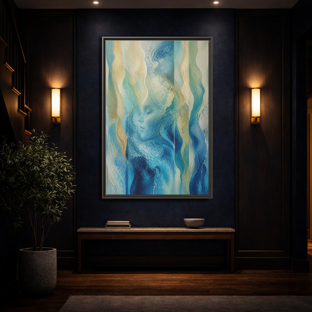 Mockup 4. Abstract Ocean Face shown as framed canvas print