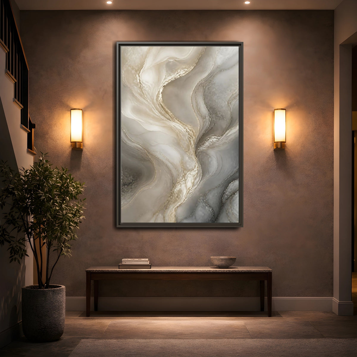 Mockup 2. Abstract Pearlescent Marble shown as framed canvas print