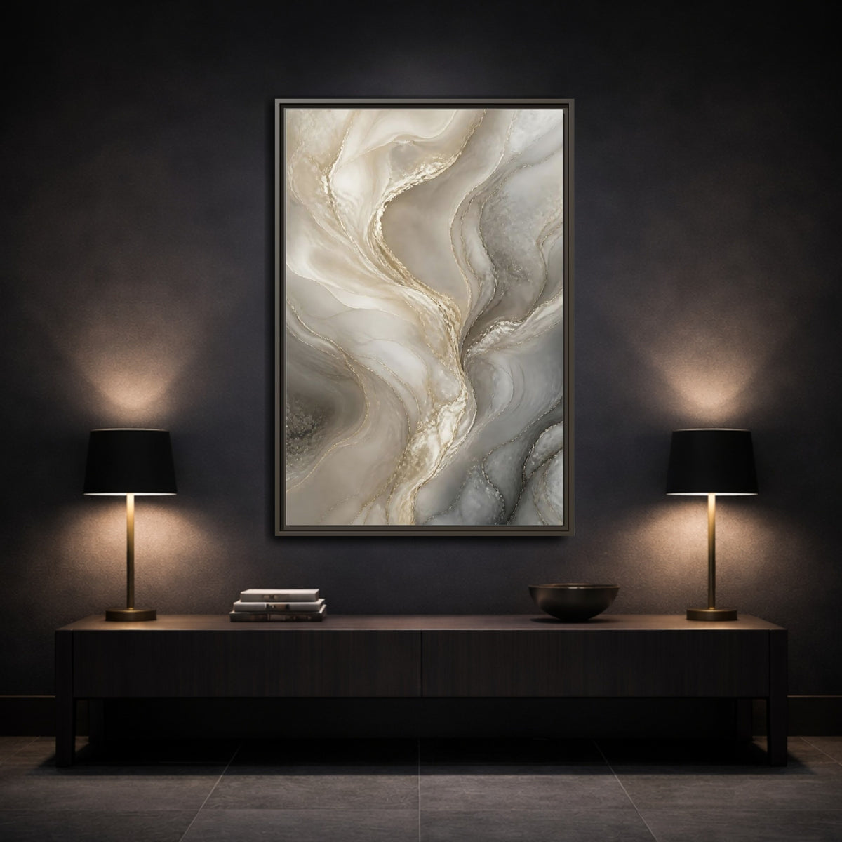 Mockup 3. Abstract Pearlescent Marble shown as framed canvas print