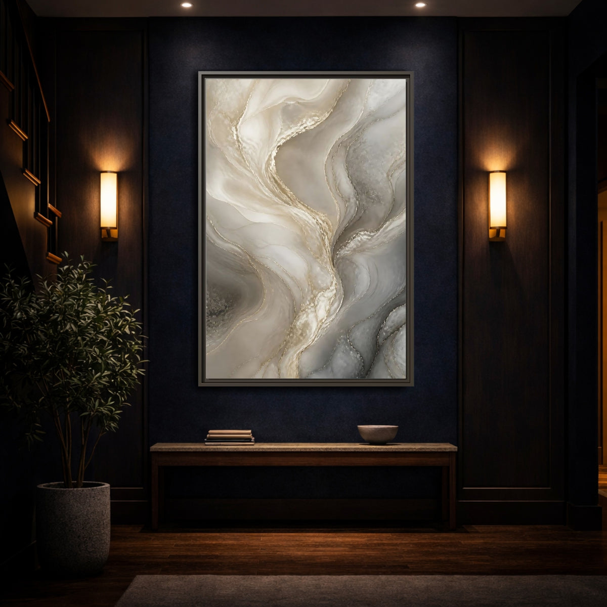 Mockup 4. Abstract Pearlescent Marble shown as framed canvas print