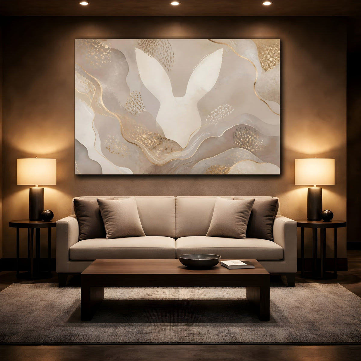 Mockup 2. Abstract Rabbit Ears In Taupe shown as canvas print