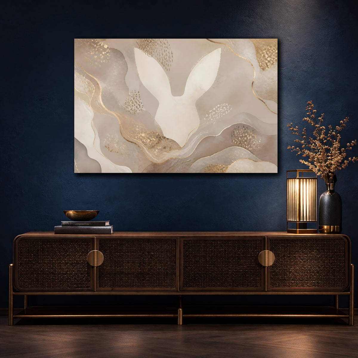 Mockup 4. Abstract Rabbit Ears In Taupe shown as canvas print