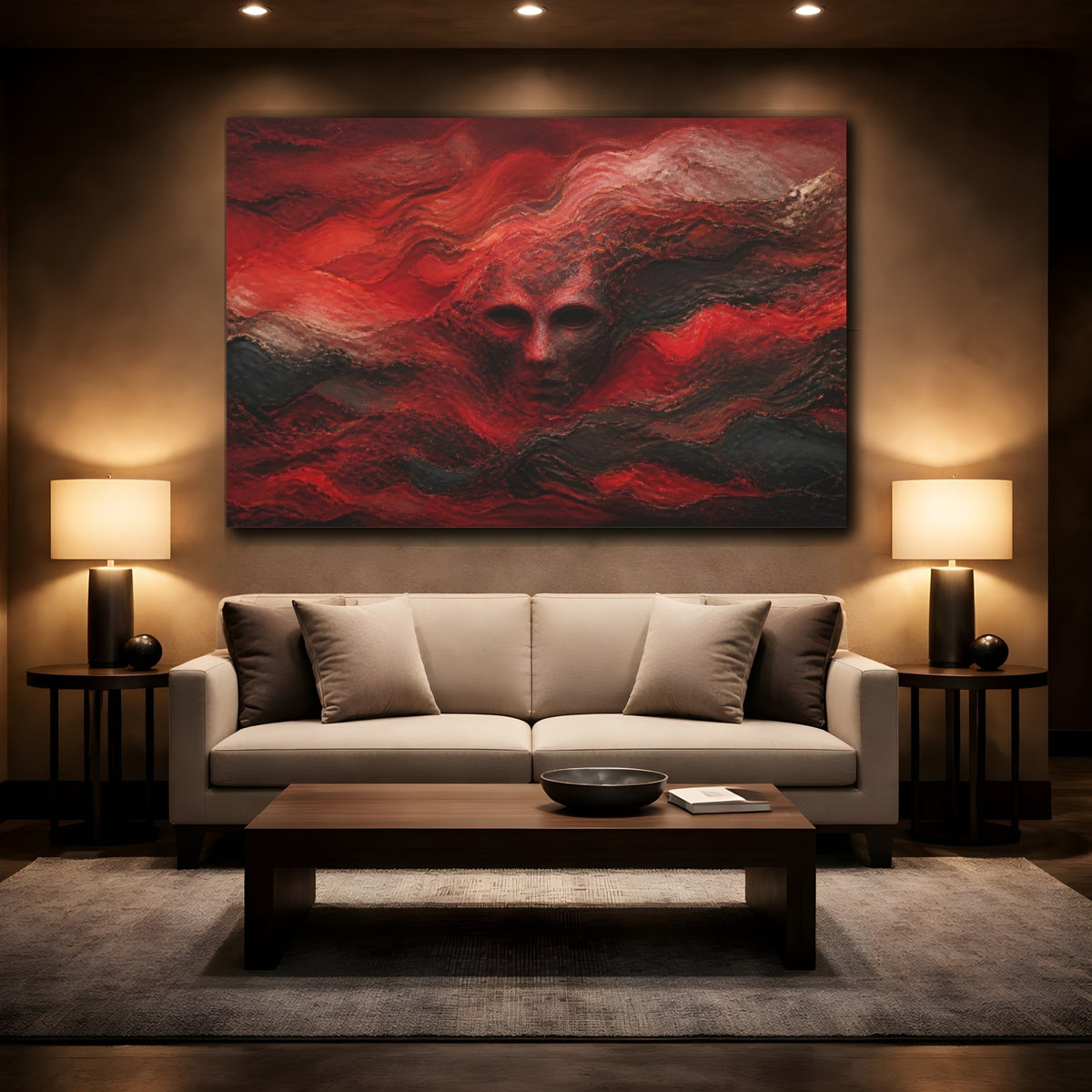 Mockup 2. Abstract Red Mask shown as canvas print