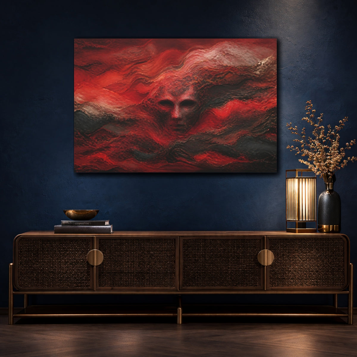 Mockup 4. Abstract Red Mask shown as canvas print