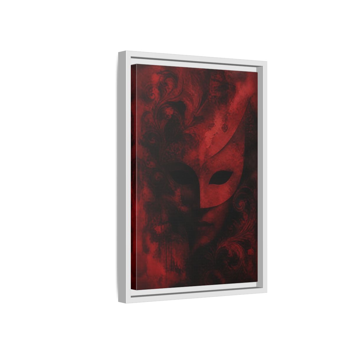 Side Mockup 4. Abstract Red Masquerade Mask shown as framed canvas print