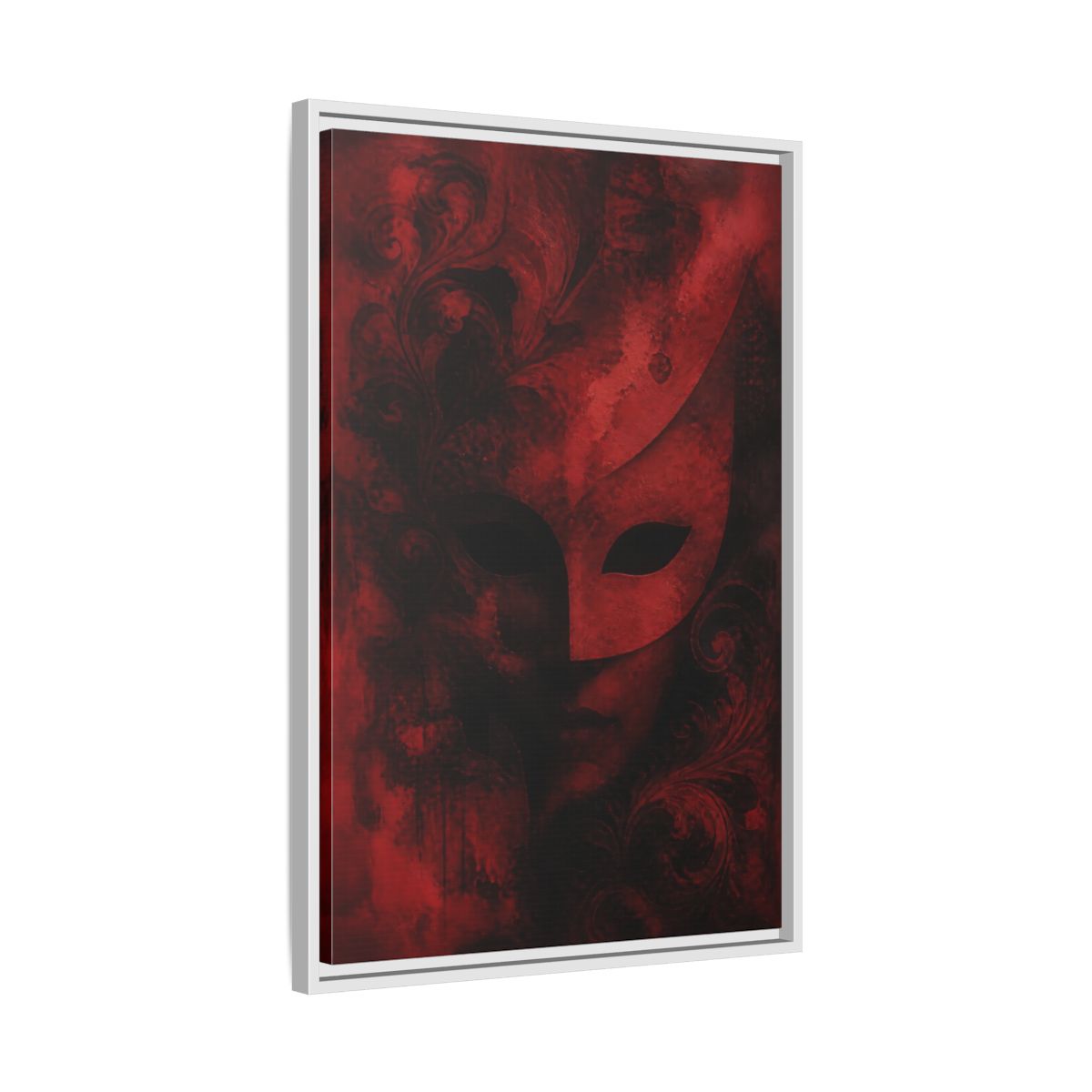 Side Mockup 10. Abstract Red Masquerade Mask shown as framed canvas print