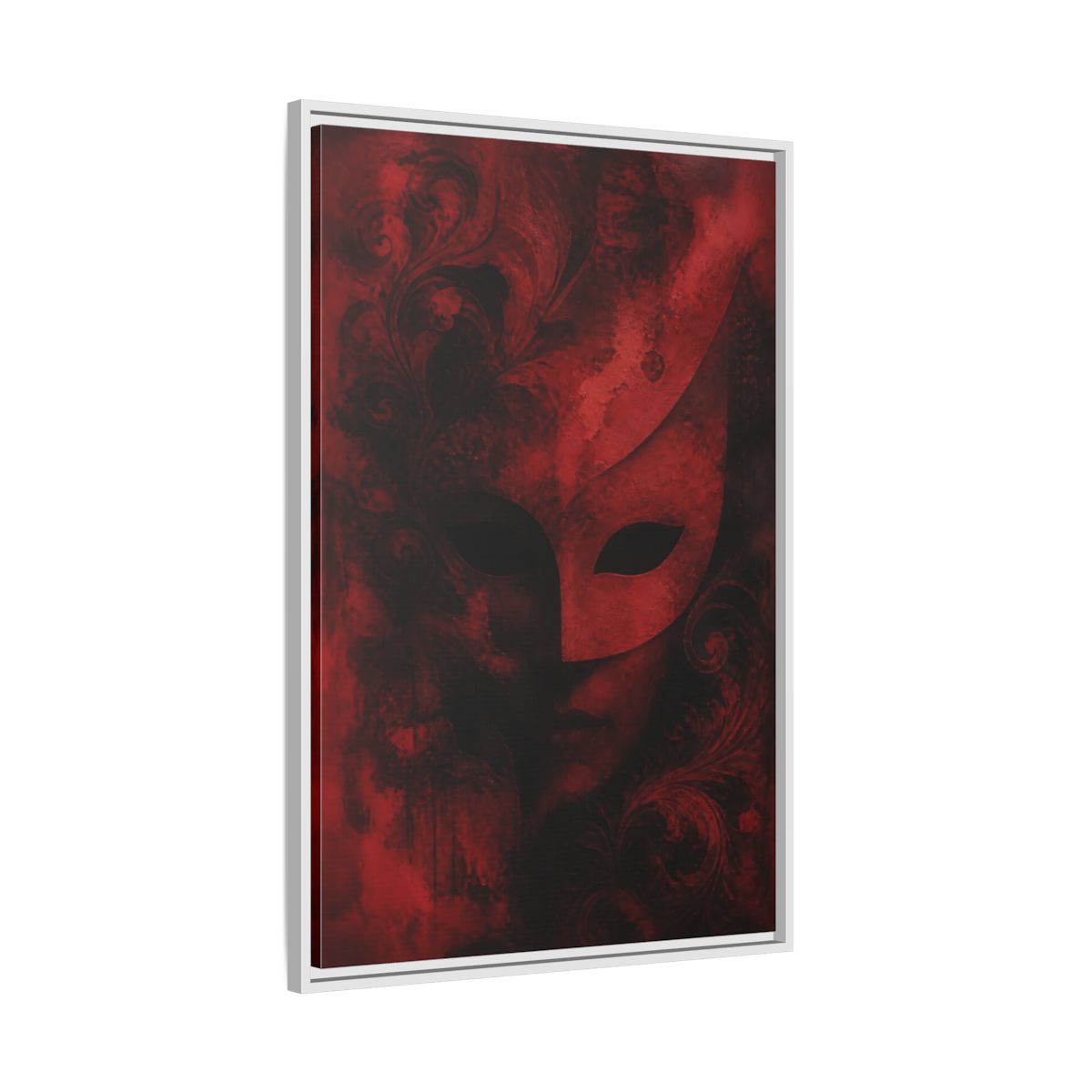 Side Mockup 9. Abstract Red Masquerade Mask shown as framed canvas print