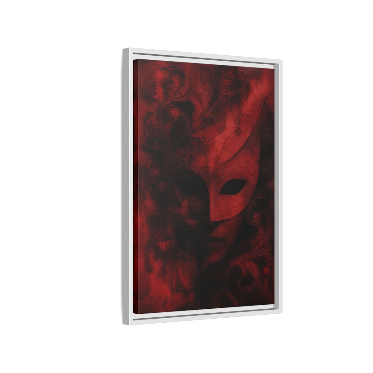 Side Mockup 1. Abstract Red Masquerade Mask shown as framed canvas print