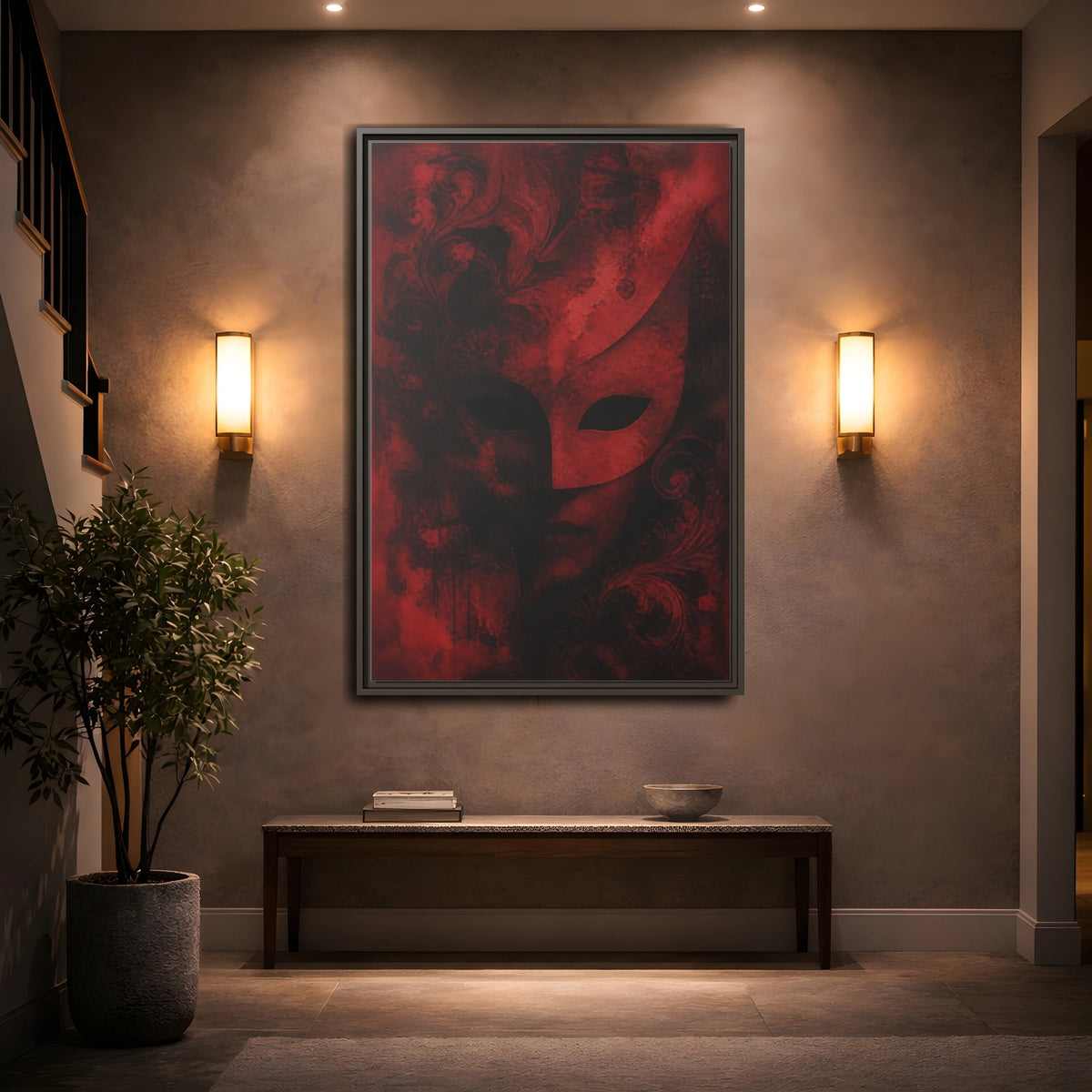 Mockup 2. Abstract Red Masquerade Mask shown as framed canvas print