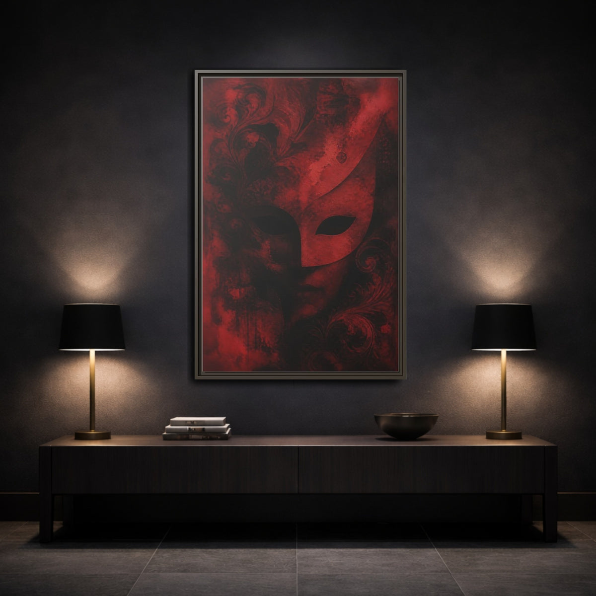 Mockup 3. Abstract Red Masquerade Mask shown as framed canvas print