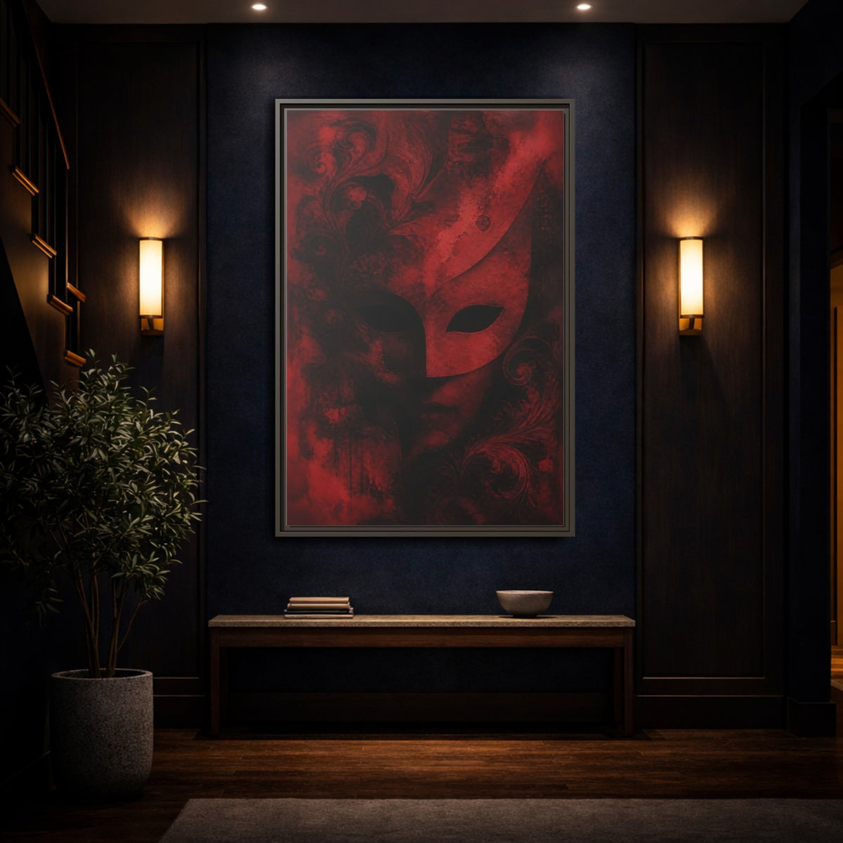 Mockup 4. Abstract Red Masquerade Mask shown as framed canvas print