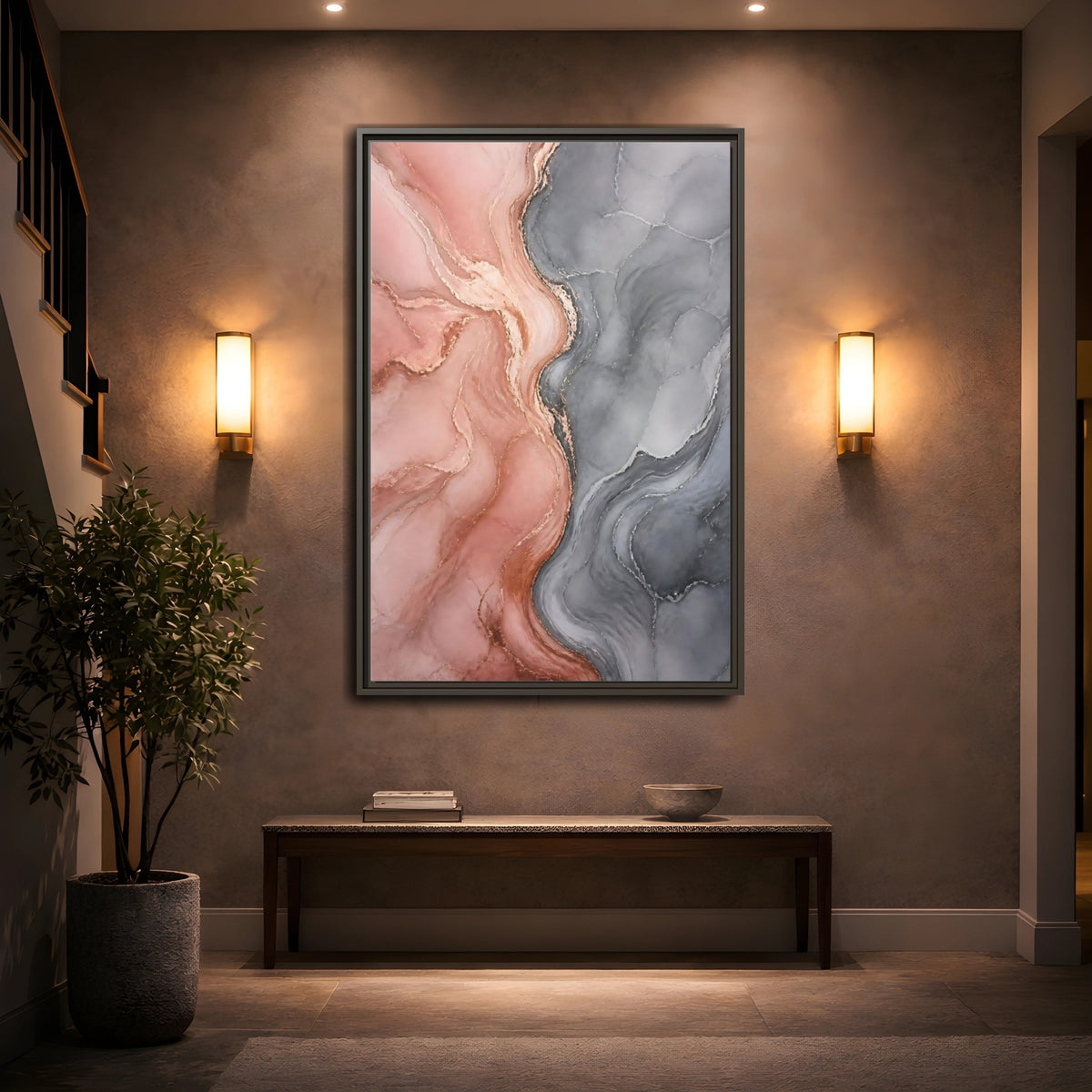 Mockup 2. Abstract Rose Gold Marble shown as framed canvas print