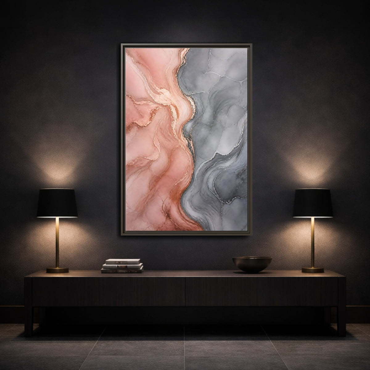 Mockup 3. Abstract Rose Gold Marble shown as framed canvas print