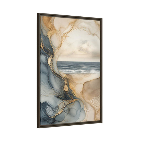 Main Mockup. Abstract Seascape With Gold shown as framed canvas print