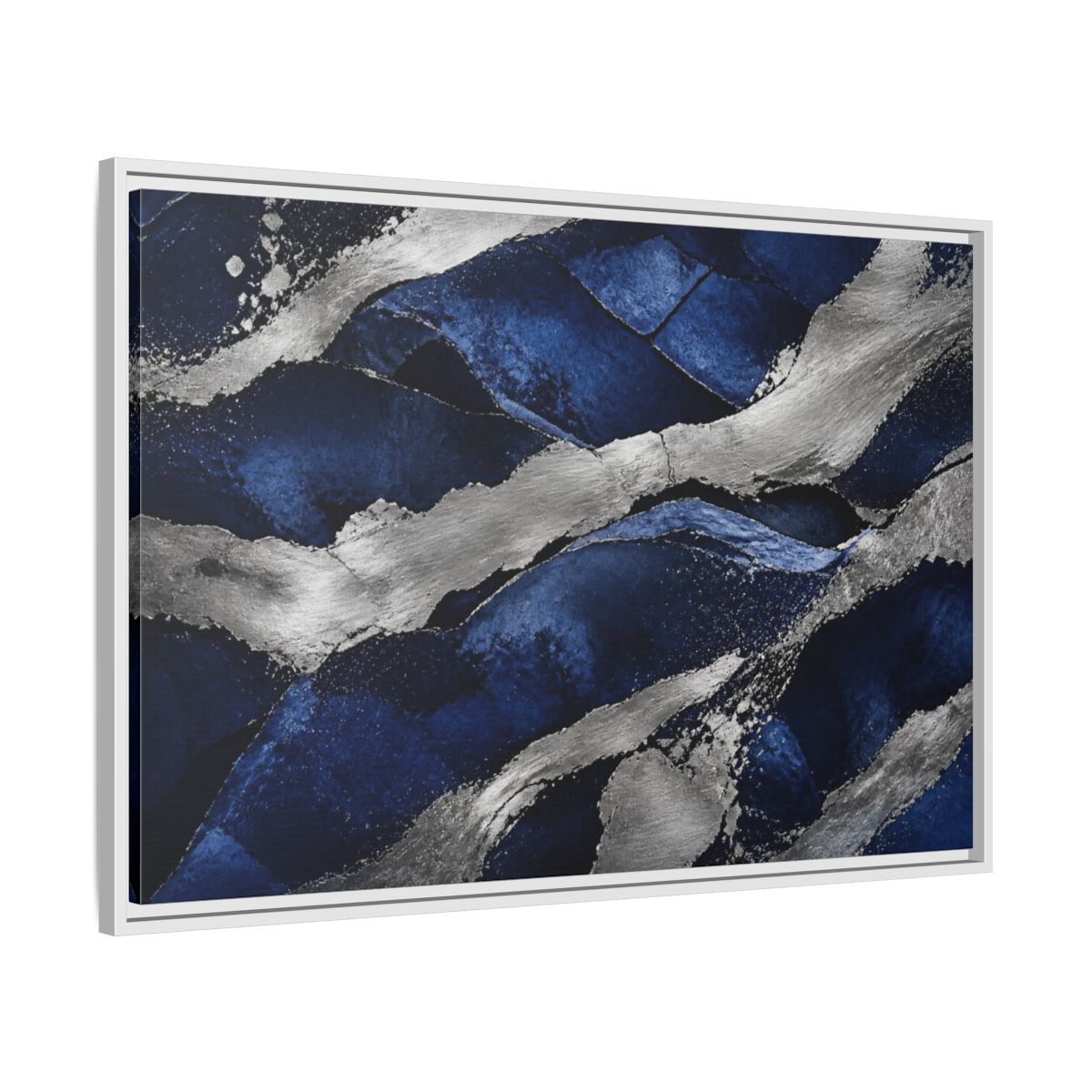 Side Mockup 9. Abstract Silver Bands shown as framed canvas print