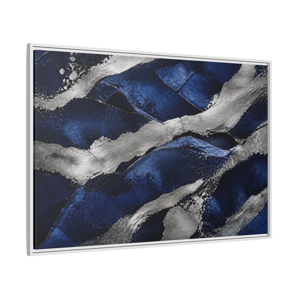 Side Mockup 7. Abstract Silver Bands shown as framed canvas print