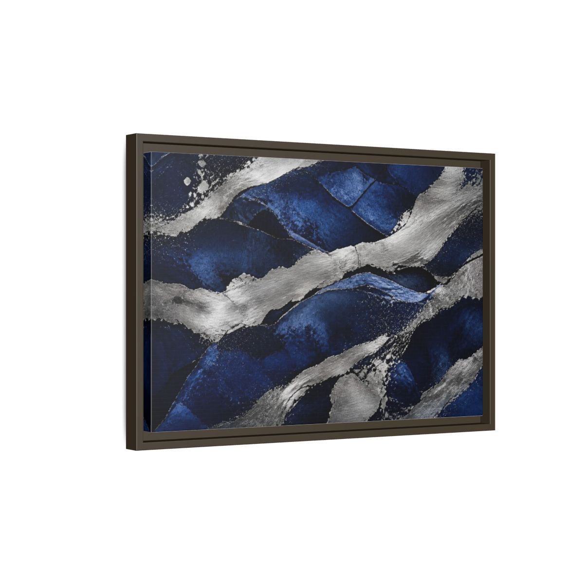 Side Mockup 2. Abstract Silver Bands shown as framed canvas print
