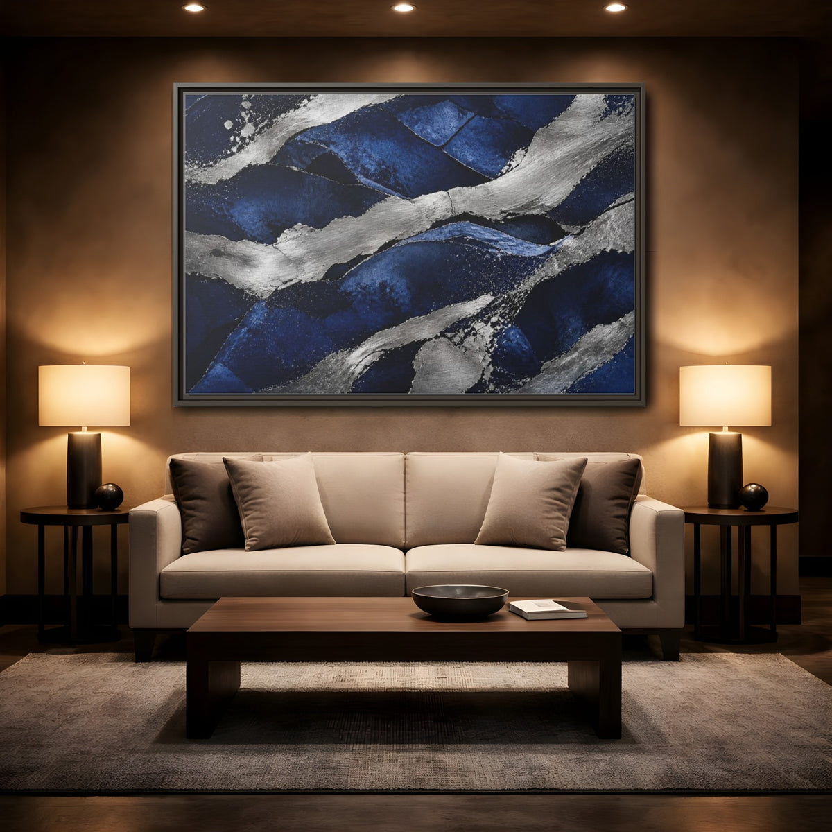 Mockup 2. Abstract Silver Bands shown as framed canvas print