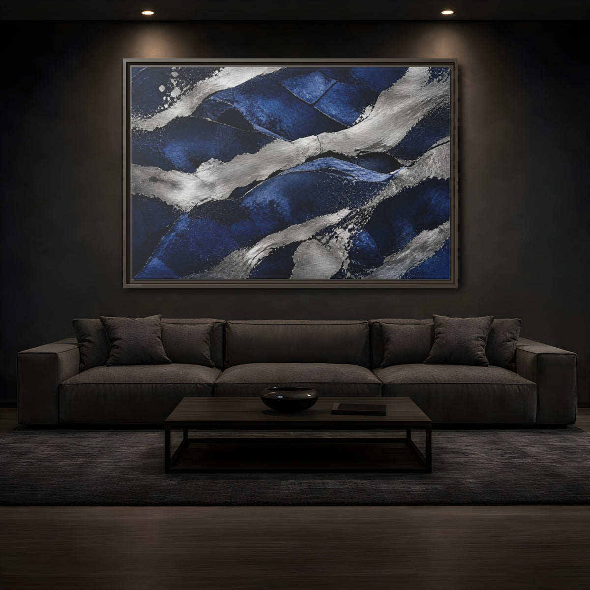 Mockup 3. Abstract Silver Bands shown as framed canvas print
