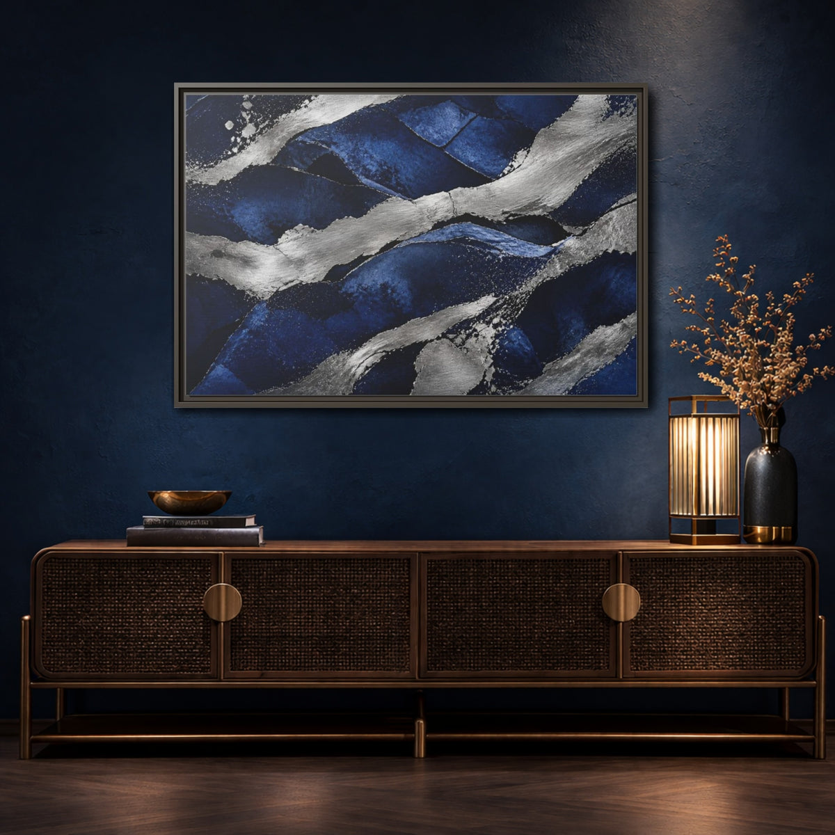Mockup 4. Abstract Silver Bands shown as framed canvas print