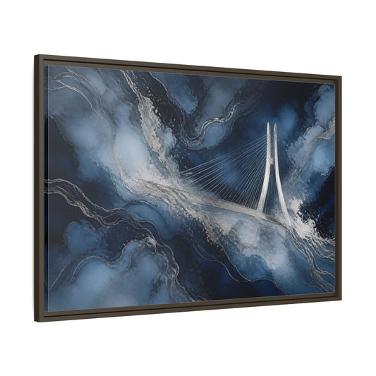Main Mockup. Abstract Silver Bridge shown as framed canvas print