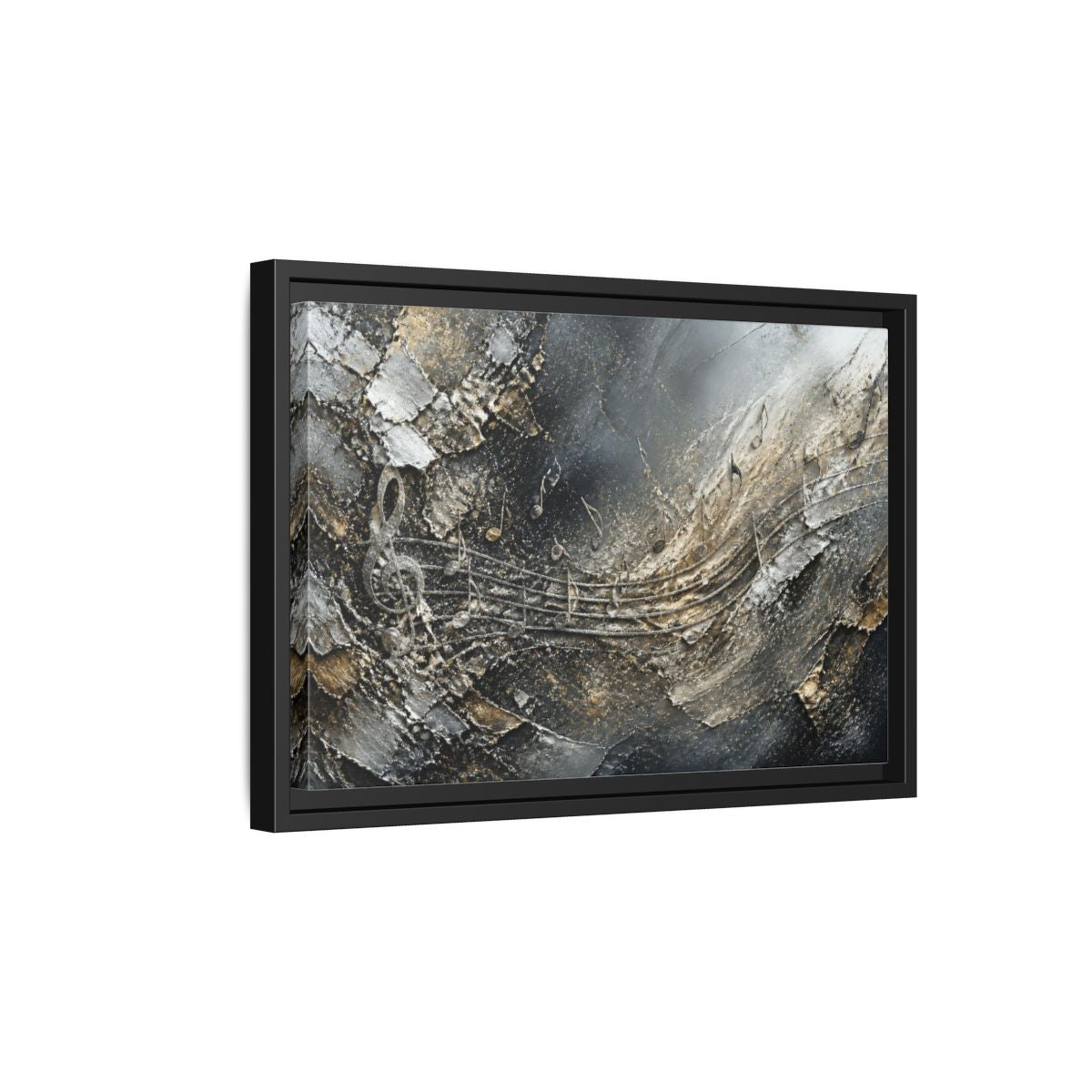 Side Mockup 6. Abstract Silver Music Staff shown as framed canvas print