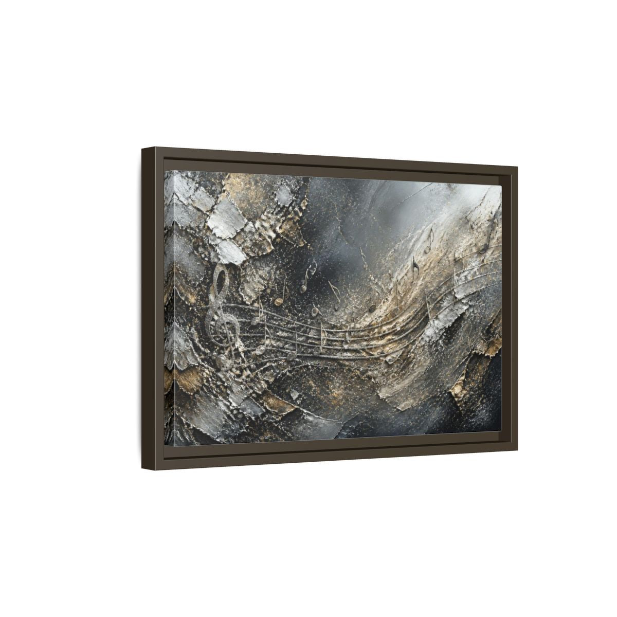 Side Mockup 5. Abstract Silver Music Staff shown as framed canvas print