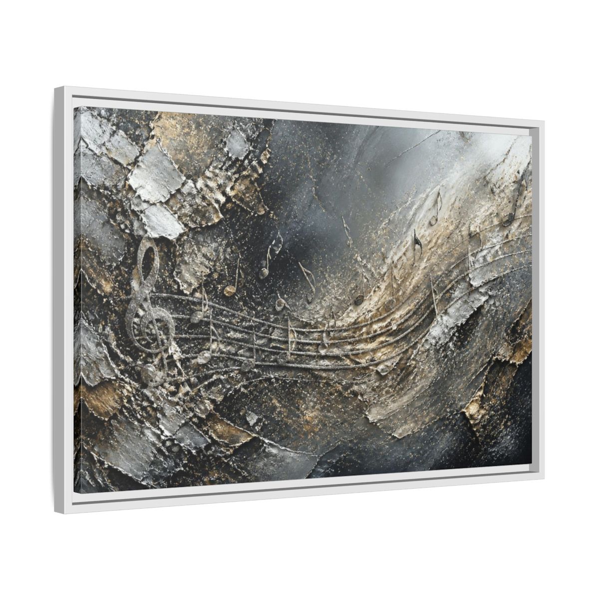 Side Mockup 10. Abstract Silver Music Staff shown as framed canvas print