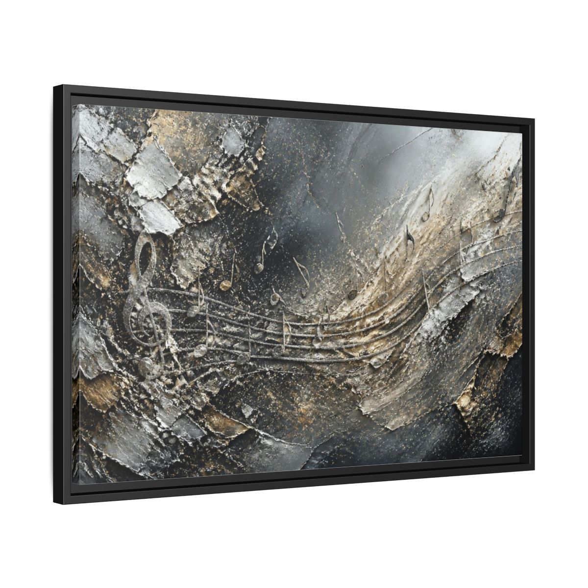 Side Mockup 14. Abstract Silver Music Staff shown as framed canvas print
