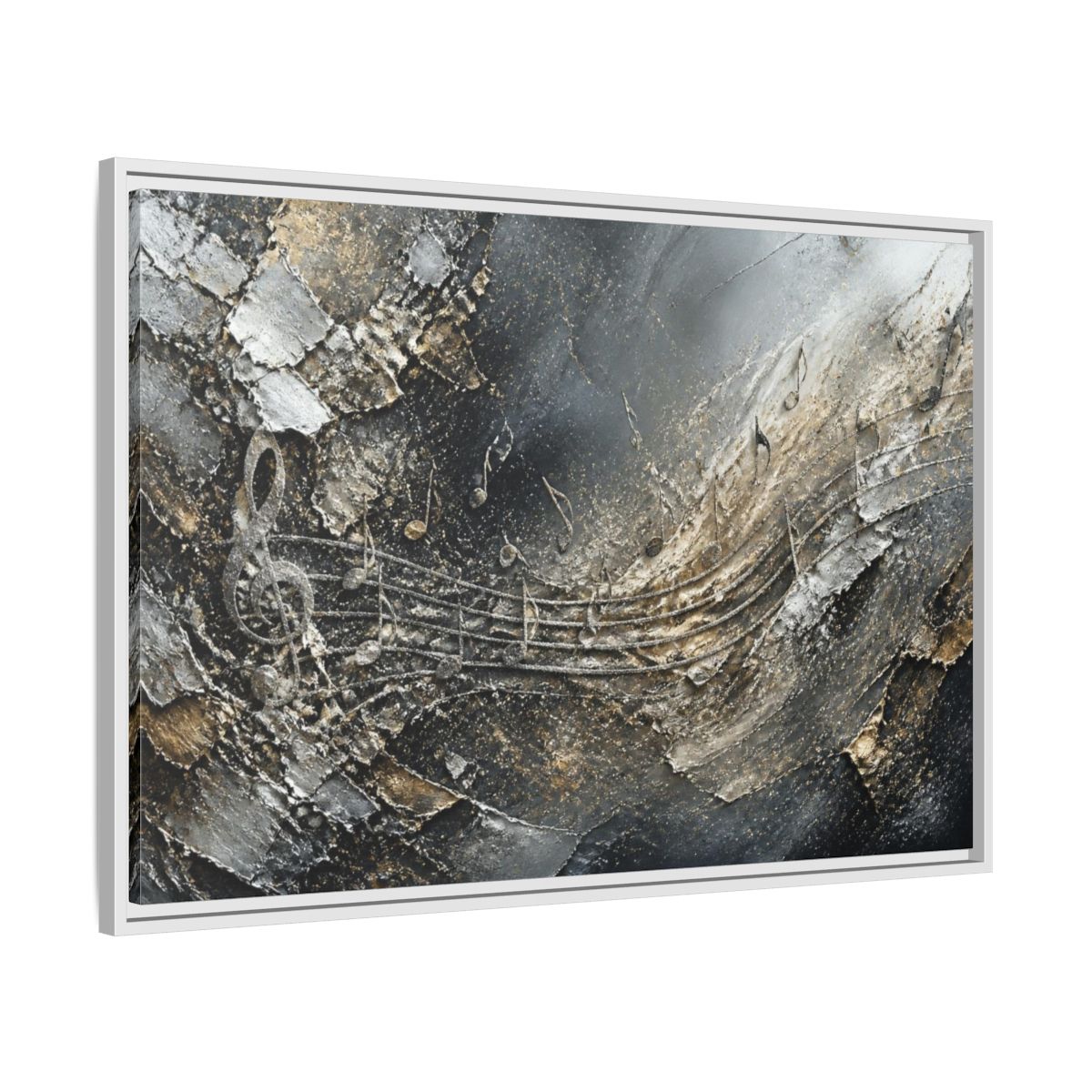 Side Mockup 9. Abstract Silver Music Staff shown as framed canvas print