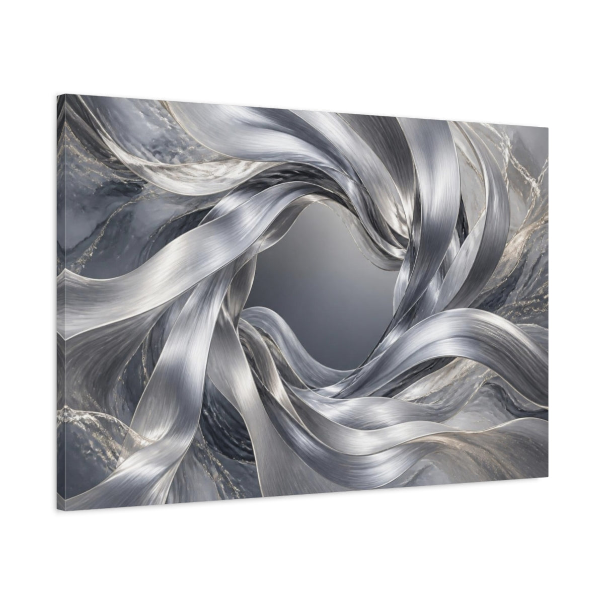 Main Mockup. Abstract Silver Ribbon Vortex shown as canvas print
