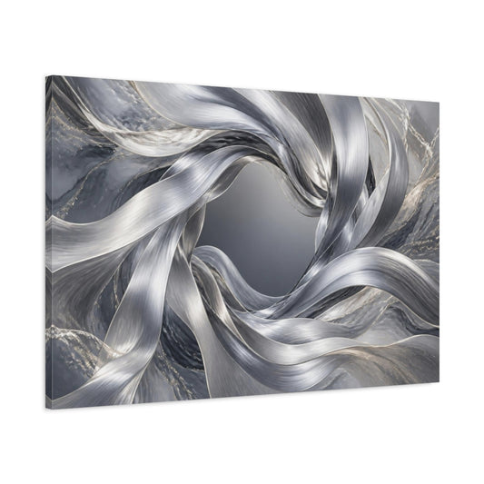 Main Mockup. Abstract Silver Ribbon Vortex shown as canvas print