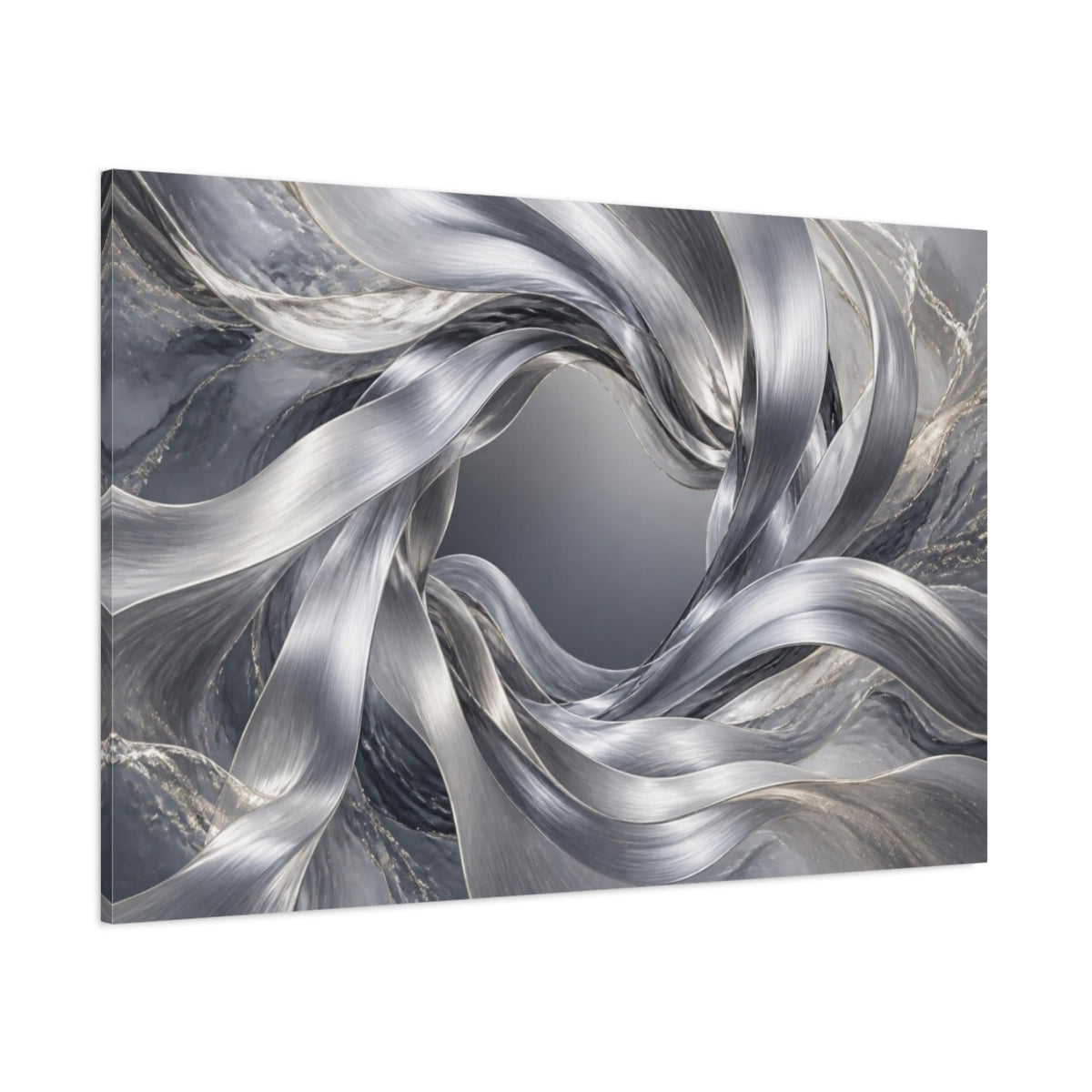 Side Mockup 1. Abstract Silver Ribbon Vortex shown as canvas print