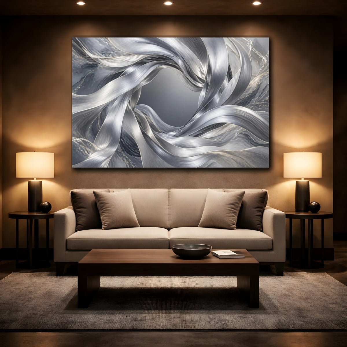 Mockup 2. Abstract Silver Ribbon Vortex shown as canvas print