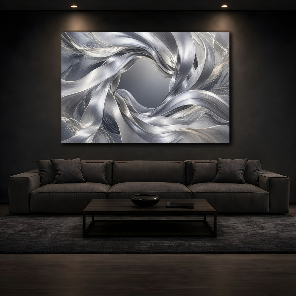 Mockup 3. Abstract Silver Ribbon Vortex shown as canvas print