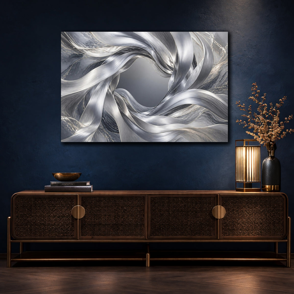 Mockup 4. Abstract Silver Ribbon Vortex shown as canvas print