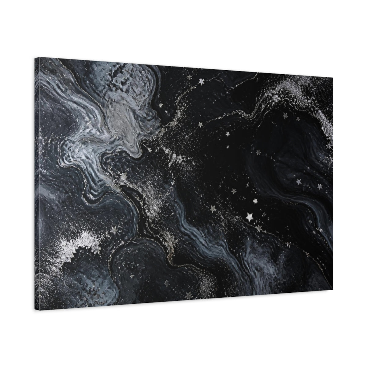 Main Mockup. Abstract Silver Star Swirl shown as canvas print