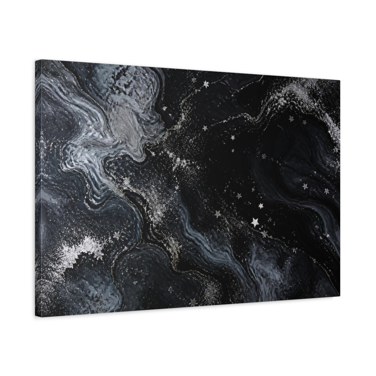 Side Mockup 2. Abstract Silver Star Swirl shown as canvas print