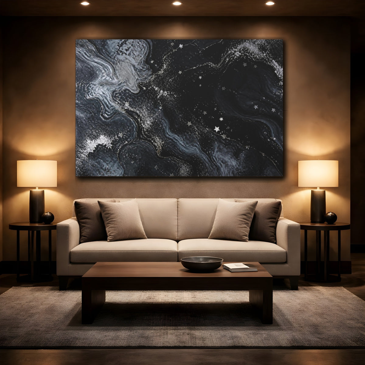 Mockup 2. Abstract Silver Star Swirl shown as canvas print